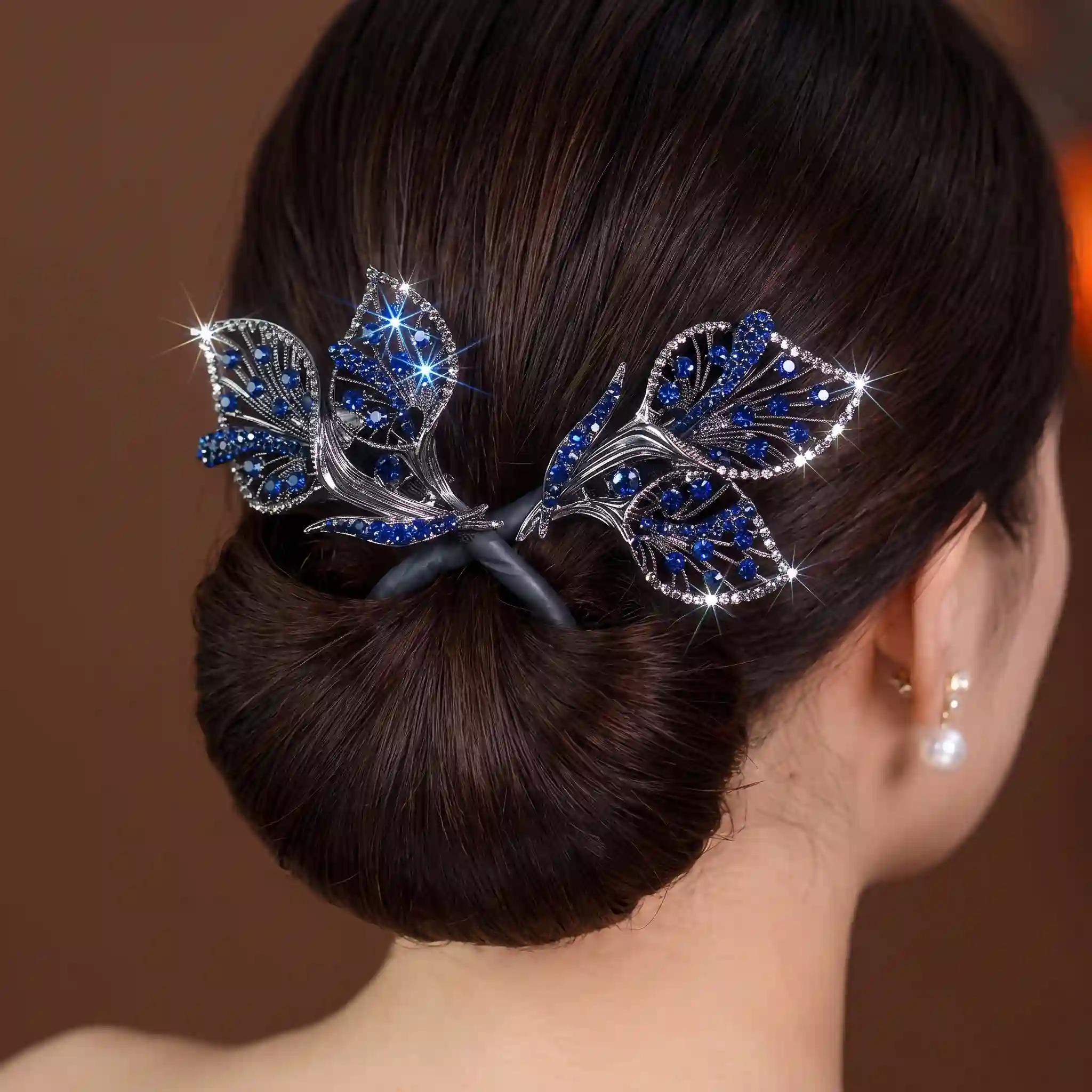 Luxury Sapphire Blue Crystal Leaf Hair Bun Maker & Twist Clip