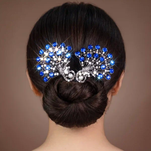 Royal Blue Peacock Crystal & Pearl Hair Bun Maker Twist Clip